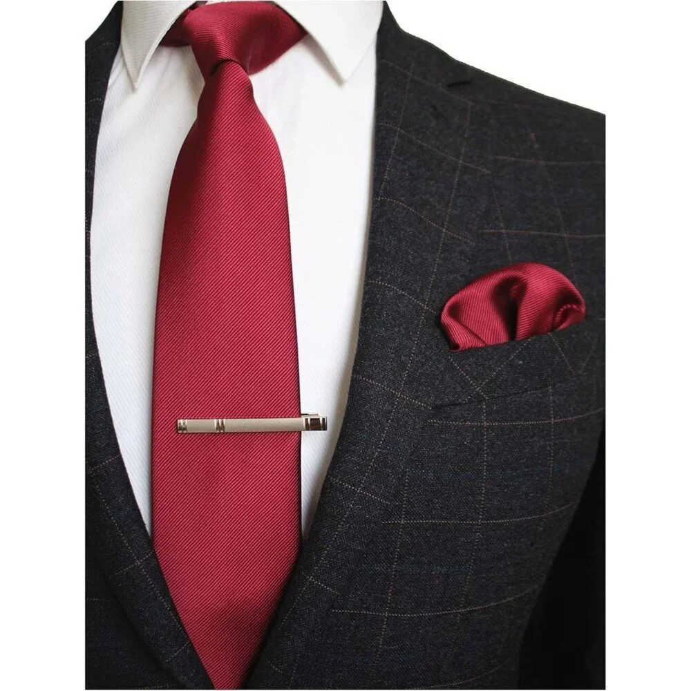 Men's Burgundy Colour Formal Necktie and Pocket Square Tie Clip Sets